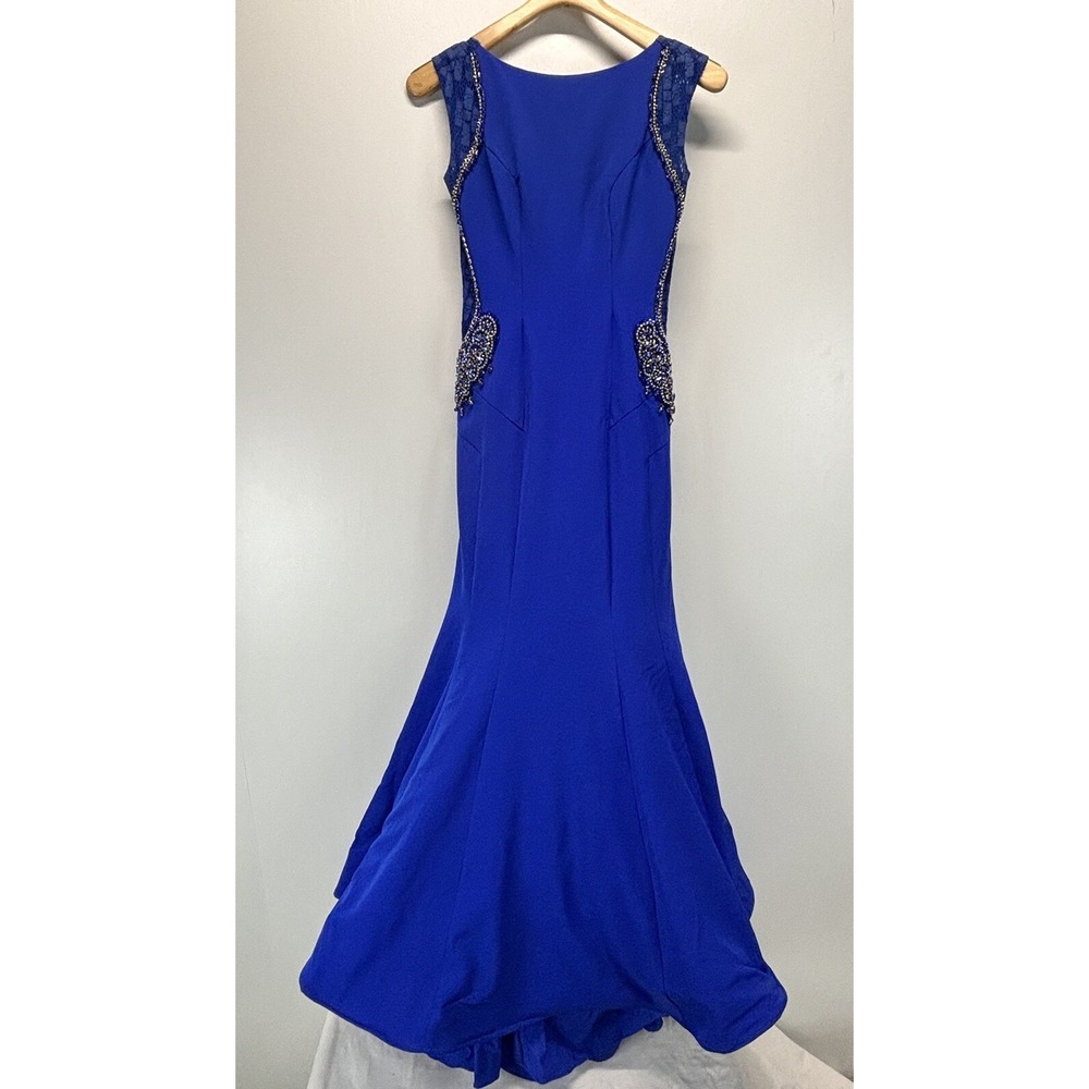 Mac Duggal Prom Pageant Gown Dress Sz 4 Mermaid Blue Open Back Full Skirt